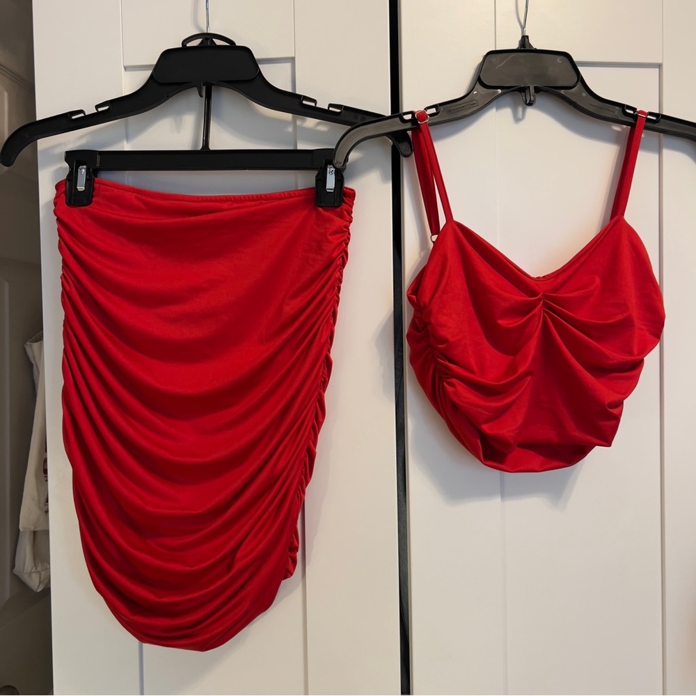 Red Ruched Skirt and Top two piece Set